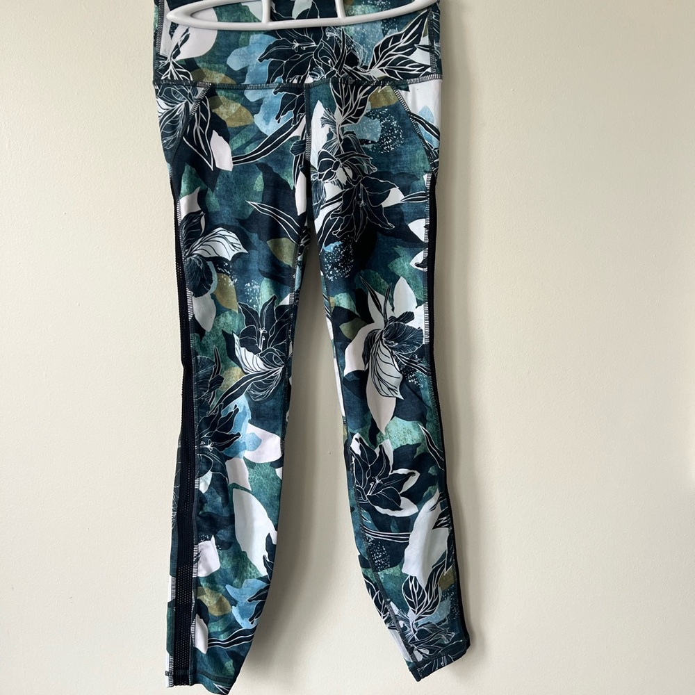 Athleta floral leggings with mesh stripe